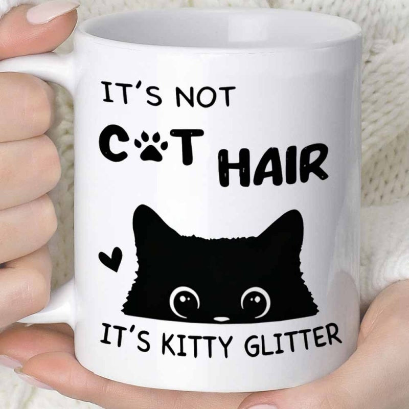 Tailorly White Ceramic 11 oz Mug - Its Not Cat Hair Its Kitty Glitter Playful Peeking Black Feline Silhouette With Large Eyes And Tiny Heart Cat