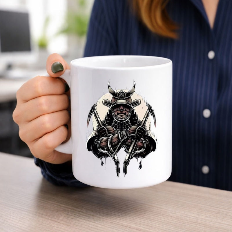 Tailorly White Ceramic 11 oz Mug - Fierce Armored Japanese Warrior With Horns Wielding Sharp Twin Pickaxes Samurai