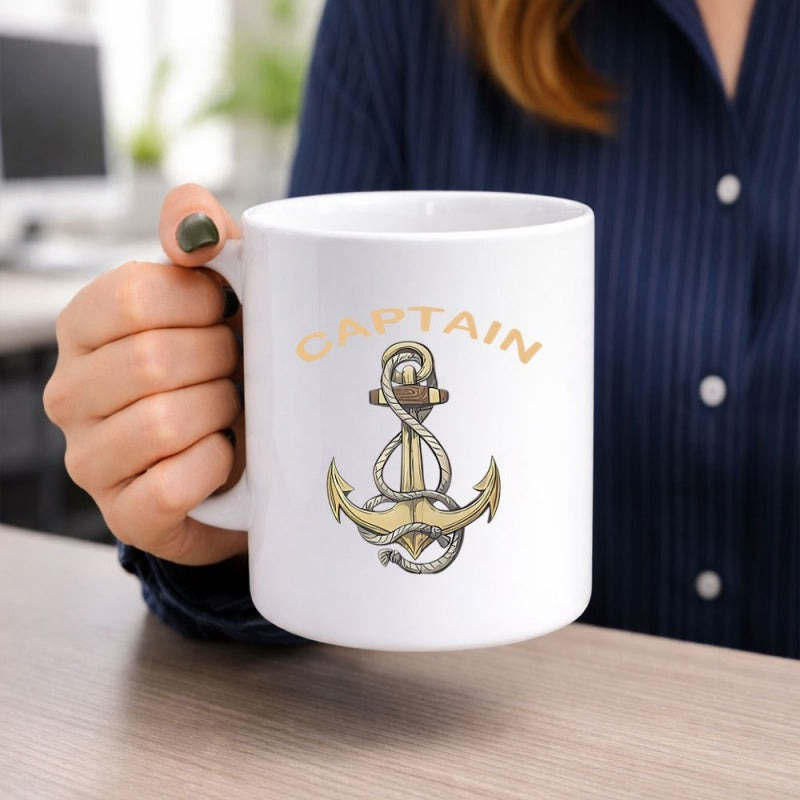 Tailorly White Ceramic 11 oz Mug - Captain Nautical Golden Ornament Wrapped With Braided Rope Design For Sailors Anchor