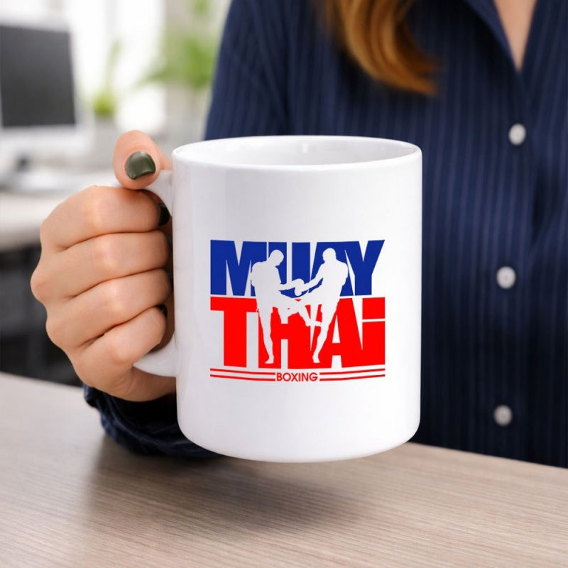Tailorly White Ceramic 11 oz Mug - Muay Thai Boxing Dynamic Graphic Silhouette Of Two Martial Arts Combat Sport Fighter