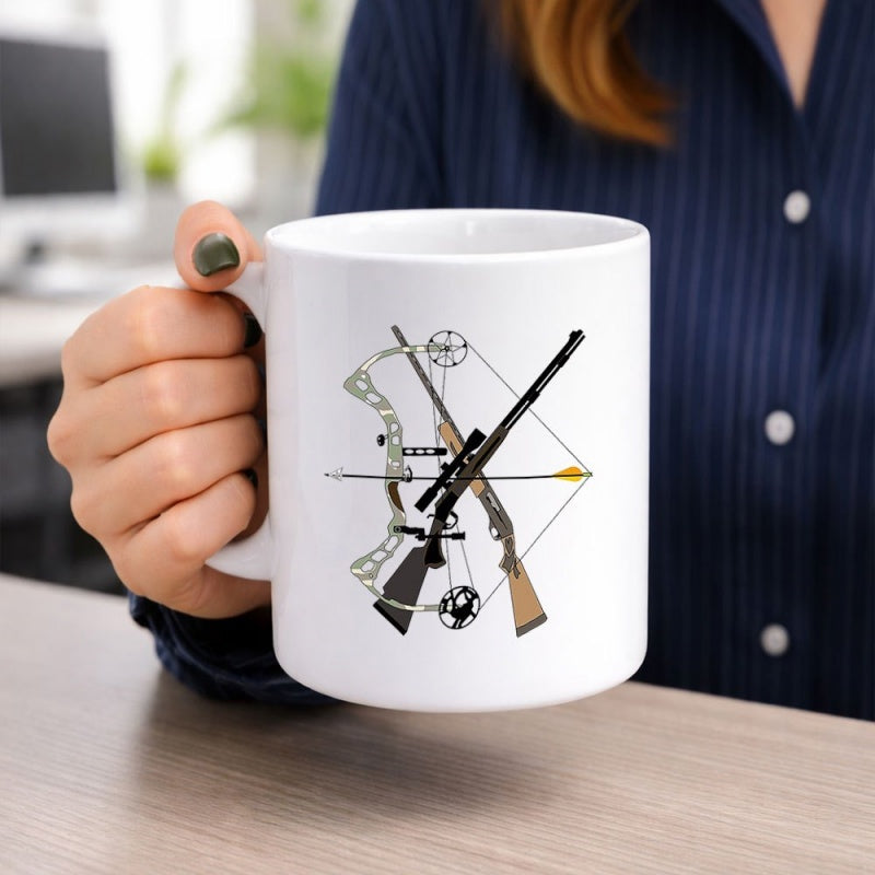 Tailorly White Ceramic 11 oz Mug - Crossed Rifles And Compound Bow With Arrow In Classic Hunting Style Emblem