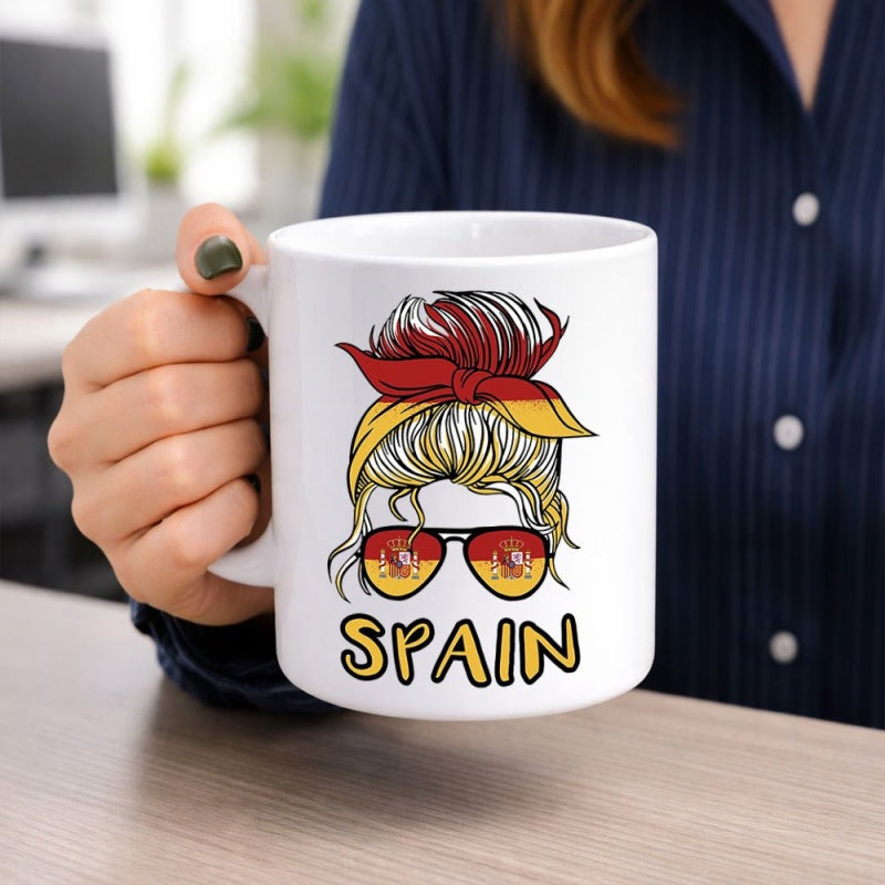 Tailorly White Ceramic 11 oz Mug - Spain Artistic Sunglasses And Bandana With Messy Bun Girl