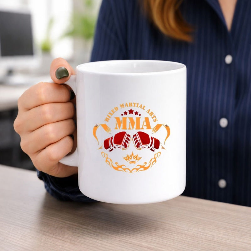 Tailorly White Ceramic 11 oz Mug - Mixed Martial Arts Mma Ornate Golden Flourishes And Crown Over Red Combat Glove