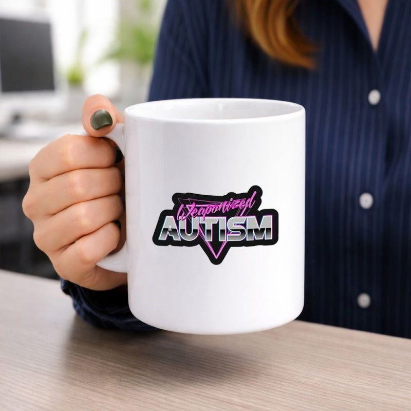 Tailorly White Ceramic 11 oz Mug - Weaponized Autism Retro Synthwave Aesthetic Pink Triangle With Silver Metallic Gradient Sign