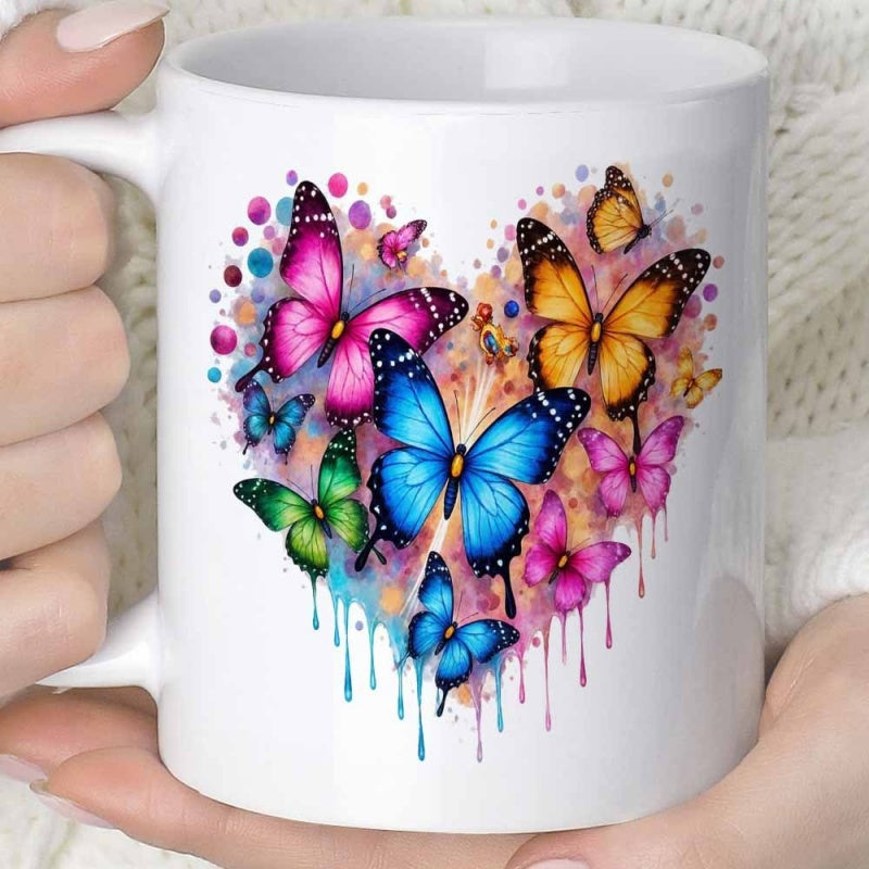 Tailorly White Ceramic 11 oz Mug - Vibrant Watercolor Heart Composed Of Multiple Artistic Colorful Wings Butterfly