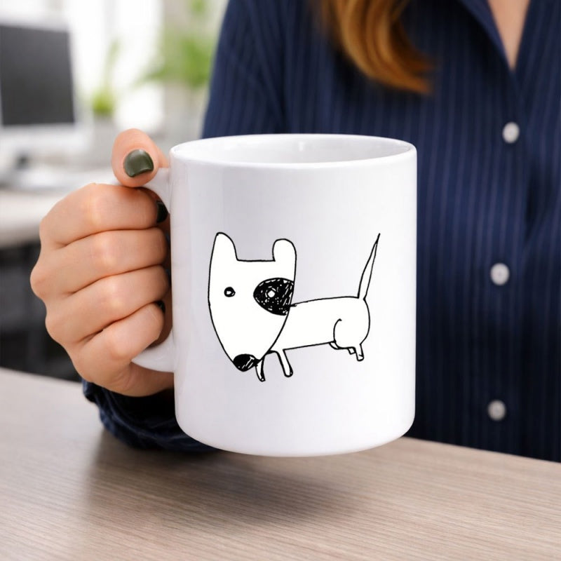 Tailorly White Ceramic 11 oz Mug - Simple Hand Drawn Sketch Of A Playful Standing Little Bull Terrier Dog