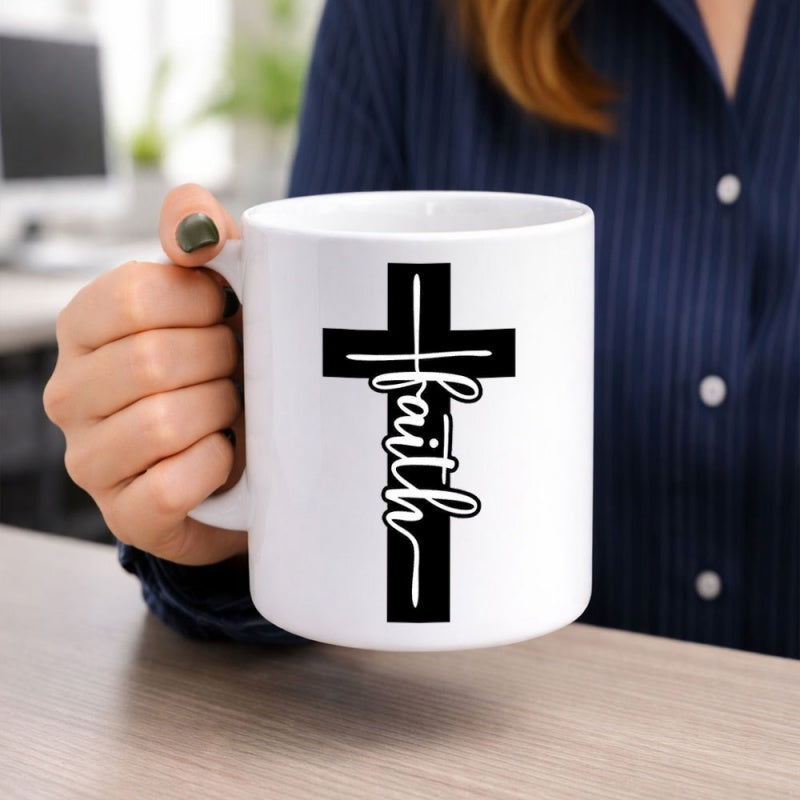 Tailorly White Ceramic 11 oz Mug - Faith Solid Black Silhouette With Artistic Script Text Vertical Religious Symbol Cross