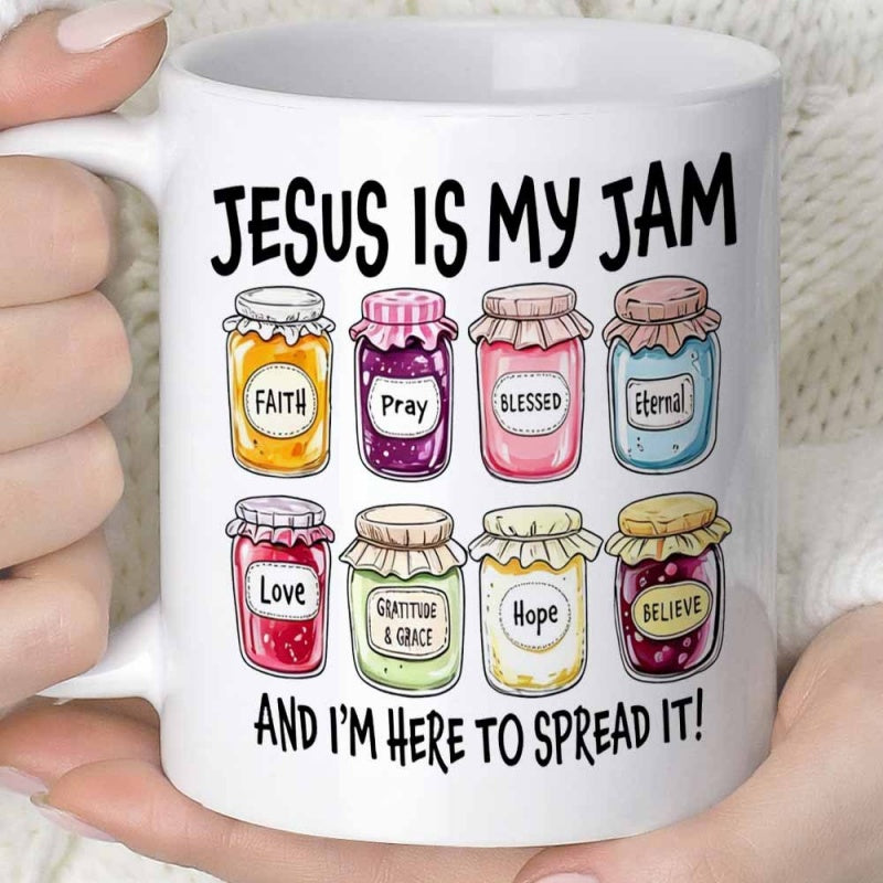 Tailorly White Ceramic 11 oz Mug - Jesus Is My Jam And Im Here To Spread It Row Of Colorful Fruit Preserve Jars With Inspirational Text Labels Jam Jar