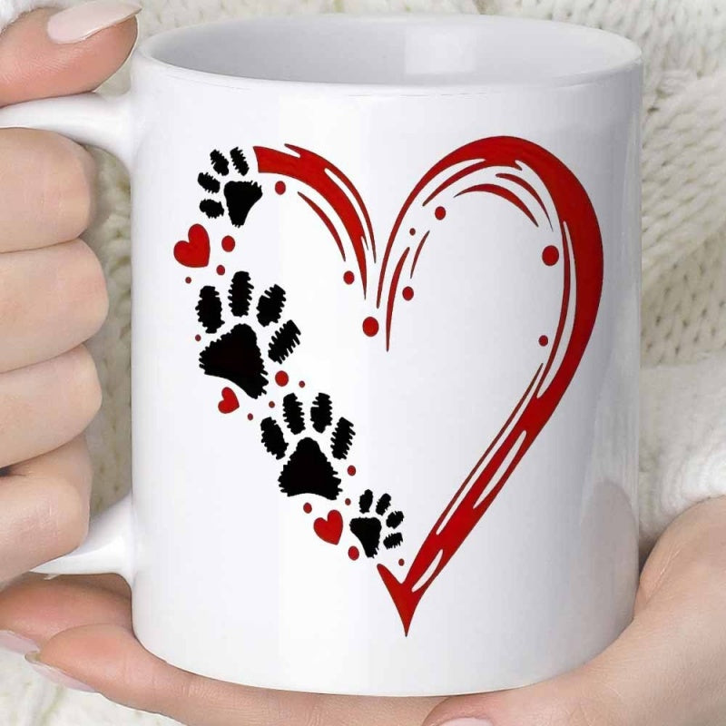 Tailorly White Ceramic 11 oz Mug - Artistic Red Brushstroke Outline With Cute Black Animal Paws Heart