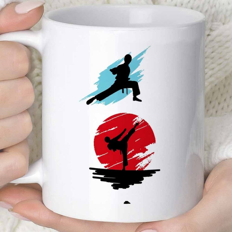 Tailorly White Ceramic 11 oz Mug - Martial Arts Silhouettes Against Blue And Red Artistic Brushstroke Sun Martial Artist