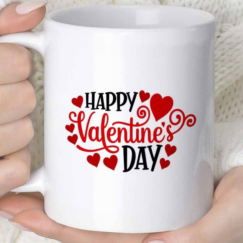 Tailorly White Ceramic 11 oz Mug - Happy Valentine's Day Vibrant Red Hearts Arranged Around Elegant Script Text With Swirling Flourishes Heart