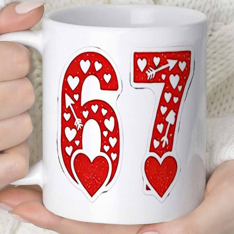 Tailorly White Ceramic 11 oz Mug - Red Decorative Elements Filled With White Hearts And Arrows Number