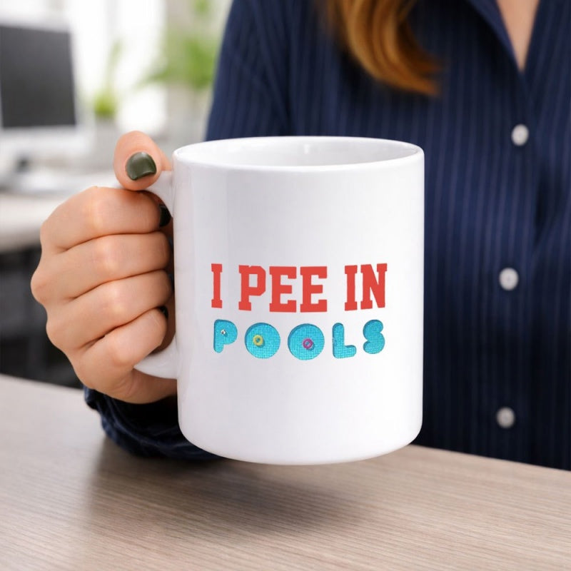 Tailorly White Ceramic 11 oz Mug - I Pee In Pools Humorous Bold Colorful Text Over A Smooth Mug