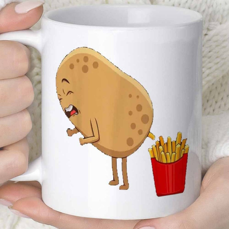 Tailorly White Ceramic 11 oz Mug - Funny Cartoon Potato Character Producing Golden French Fries Into Red Box Potato