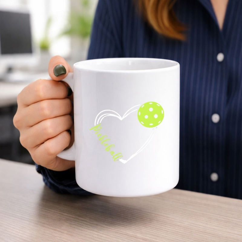 Tailorly White Ceramic 11 oz Mug - Love Vibrant Neon Green Ball With Minimalist Heart Shaped Paddle Outline Heart