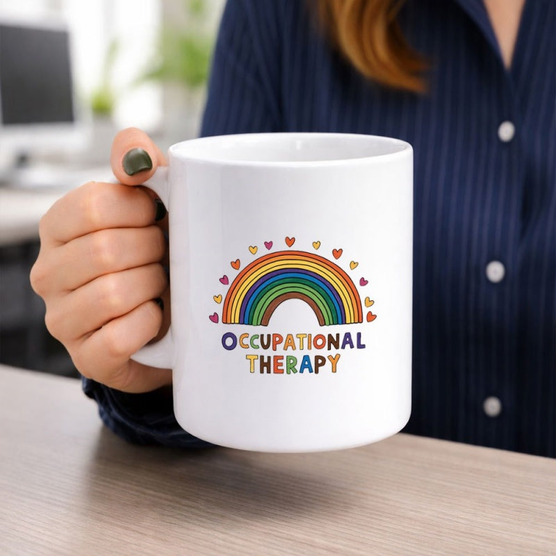 Tailorly White Ceramic 11 oz Mug - Occupational Therapy Vibrant Arched Colors Among Tiny Floating Hearts Under Gentle Sunlight Rainbow