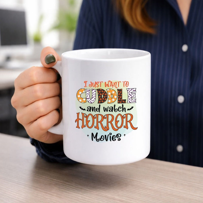 Tailorly White Ceramic 11 oz Mug - I Just Want To Cuddle And Watch Horror Movies Stylized Typography With Leopard Cow Print Textures And Abstract Green Backdrop