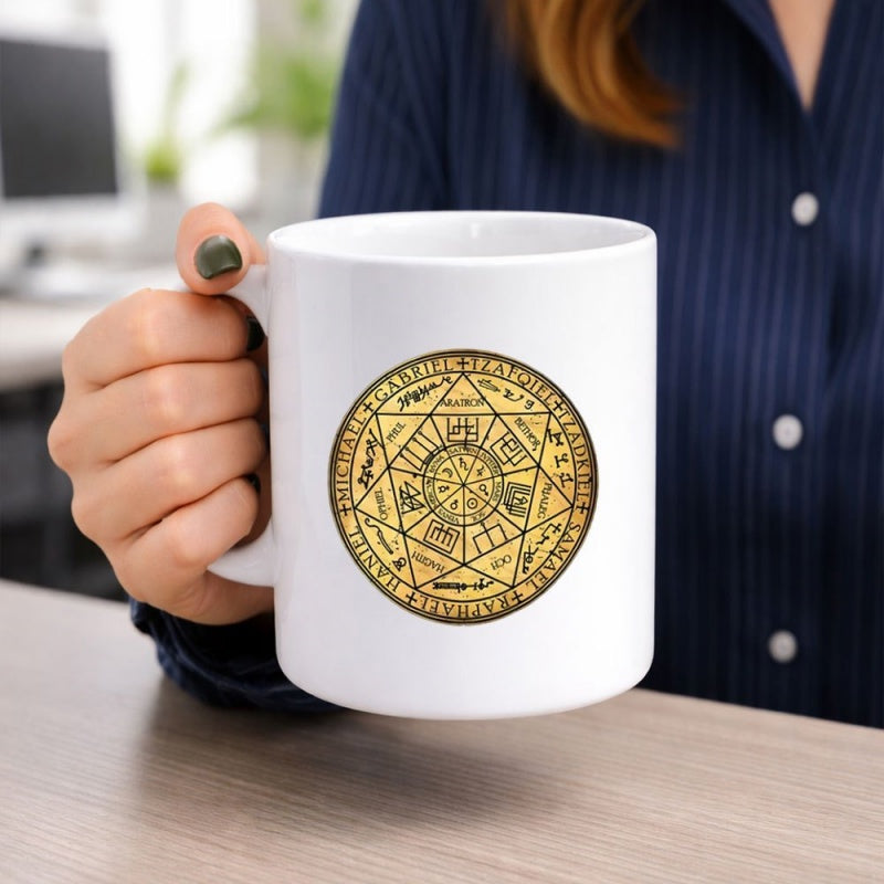 Tailorly White Ceramic 11 oz Mug - Intricate Golden Pattern With Ancient Mystical Symbols And Sacred Geometry Seal