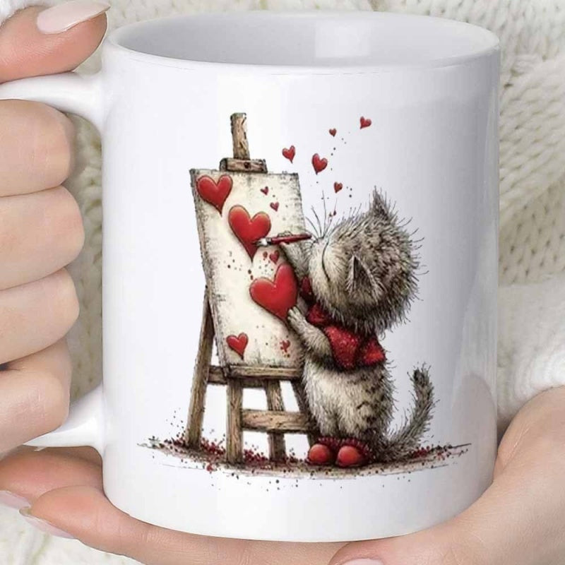 Tailorly White Ceramic 11 oz Mug - Hand Drawn Fluffy Kitten Painting Vibrant Red Hearts On Easel Cat