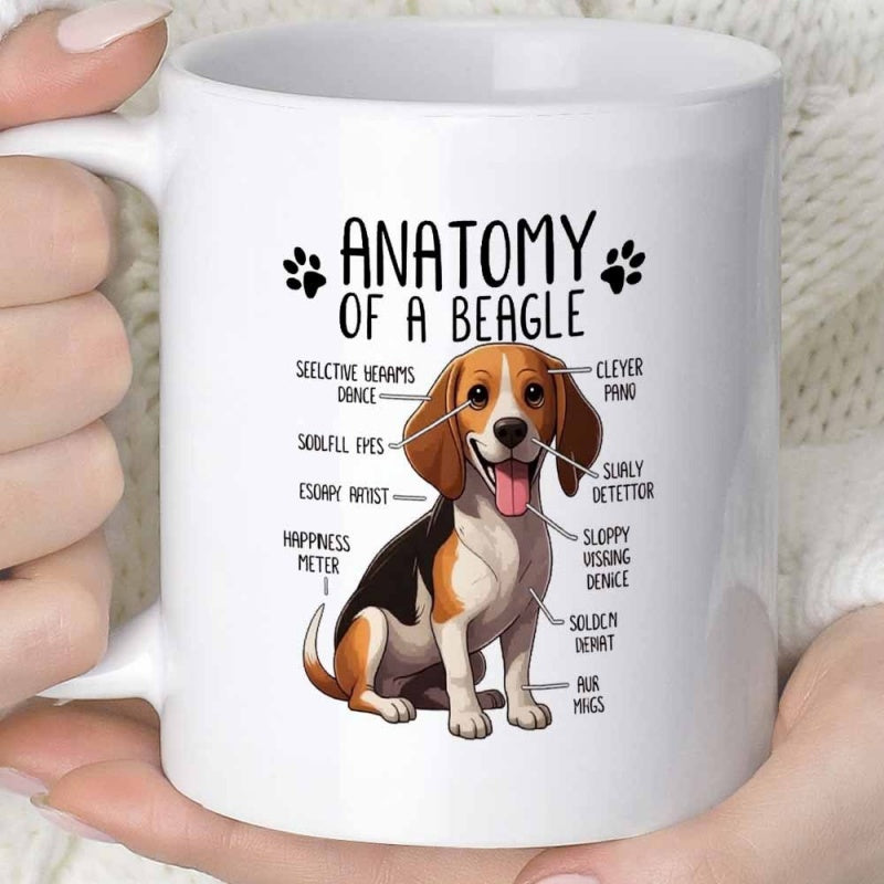Tailorly White Ceramic 11 oz Mug - Anatomy Of A Beagle Adorable Sitting Hound With Detailed Humorous Labels And Tiny Paw Prints Beagle