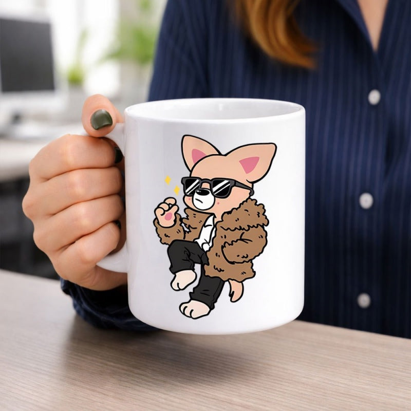 Tailorly White Ceramic 11 oz Mug - Stylish Cartoon Dog Wearing Sunglasses And Fluffy Brown Fur Coat Chihuahua