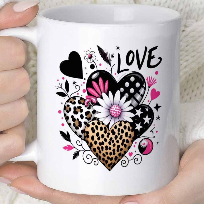 Tailorly White Ceramic 11 oz Mug - Love Decorative Artistic Pink And Black Leopard Patterned Hearts With Flowers Heart