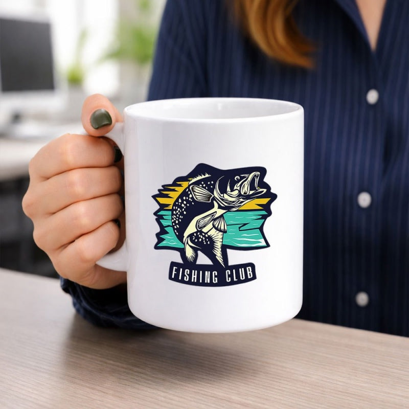 Tailorly White Ceramic 11 oz Mug - Fishing Club Vintage Jumping Bass Swimming Against Stripped Retro Sunset Water Background Bass