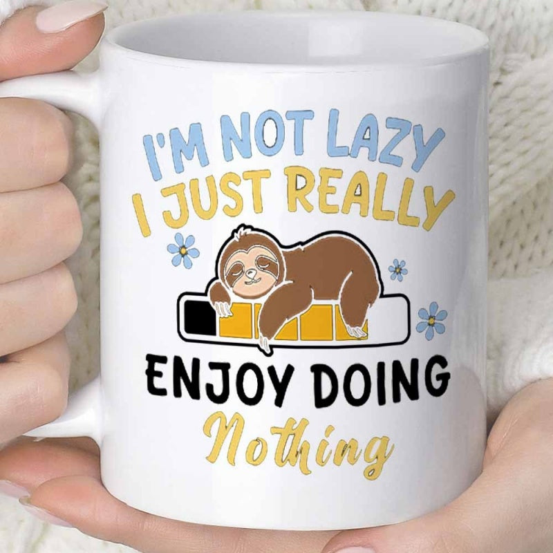 Tailorly White Ceramic 11 oz Mug - Im Not Lazy I Just Really Enjoy Doing Nothing Adorable Resting Sloth Sleeping On A Low Battery Loading Bar Sloth