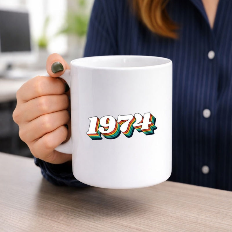 Tailorly White Ceramic 11 oz Mug - 1974 Vintage Retro Style Layered Shadow Typography With Multi Color Earth Tones Number