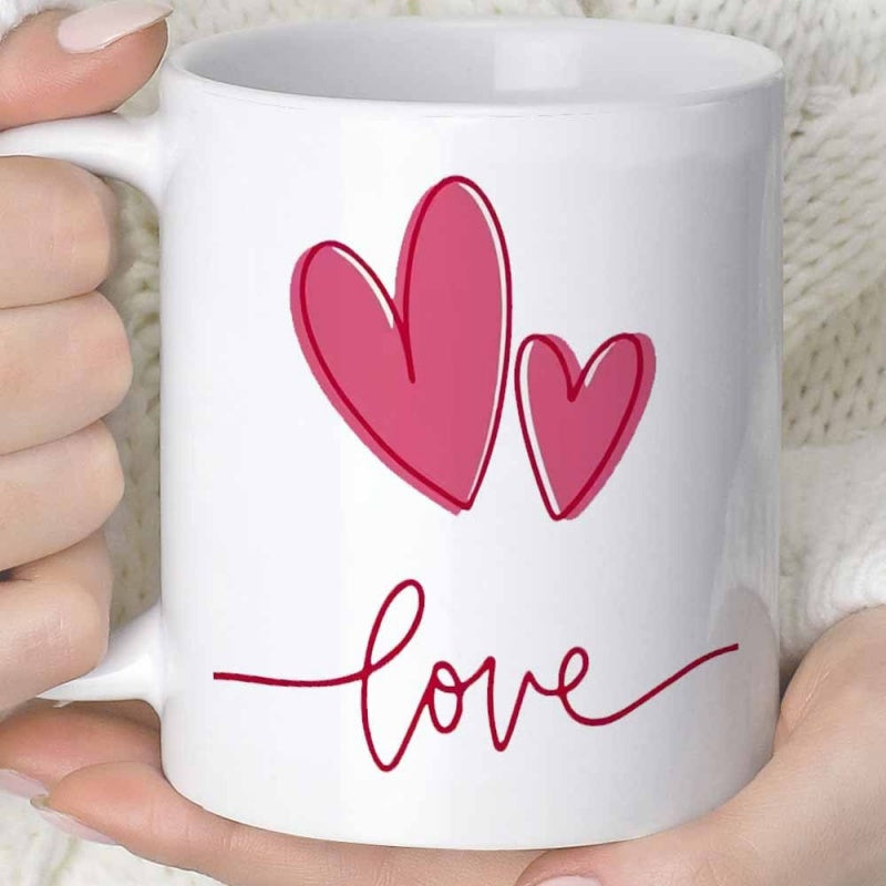 Tailorly White Ceramic 11 oz Mug - Love Hand Drawn Pink Hearts Floating Over Elegant Scripted Line Heart