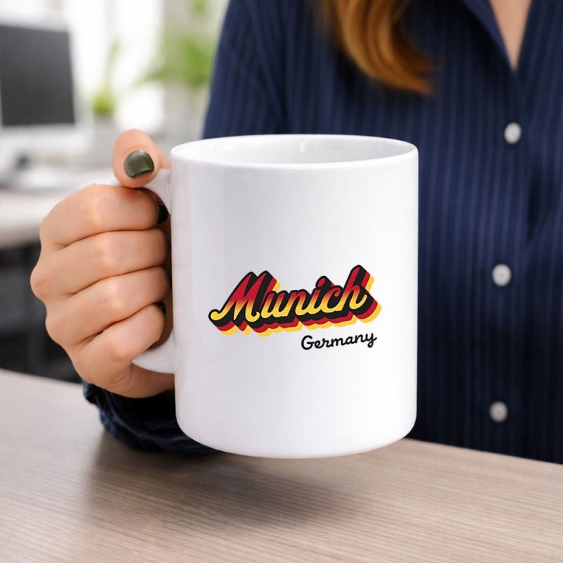 Tailorly White Ceramic 11 oz Mug - Munich Germany Retro Styled Script With Layered Vibrant Colors For Souvenir Travel Sign