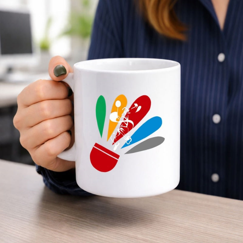 Tailorly White Ceramic 11 oz Mug - Vibrant Colorful Feathers With Artistic Musical Notes And Creative Lines Shuttlecock