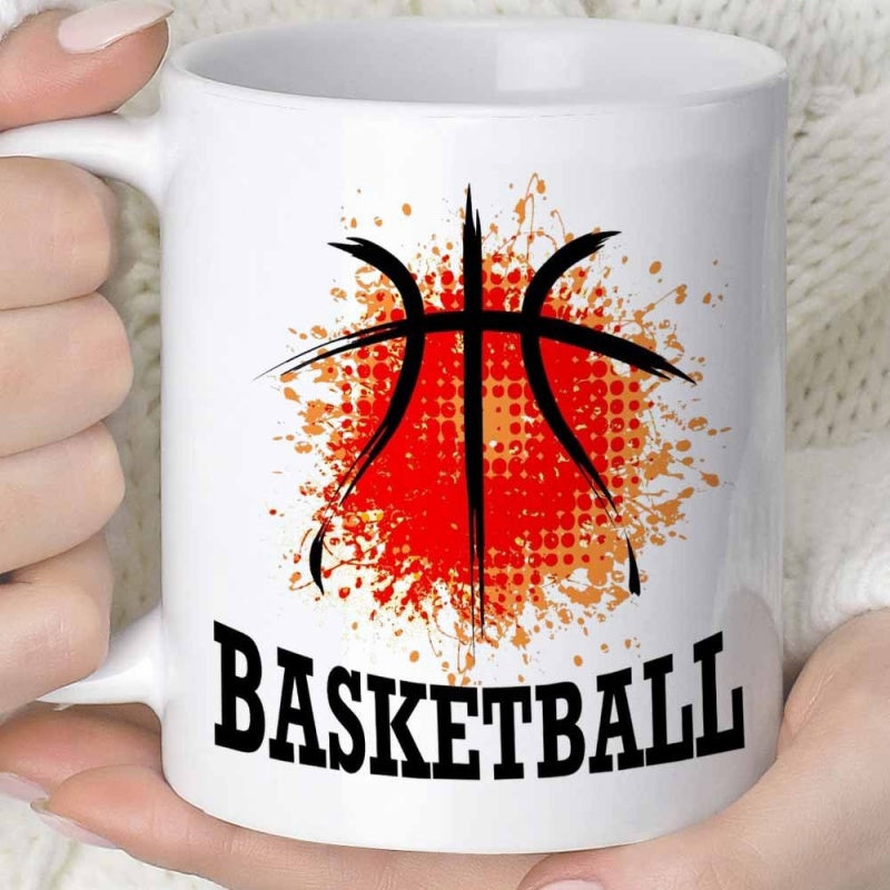 Tailorly White Ceramic 11 oz Mug - Basketball Splattered Artistic Grunge Design With Vibrant Orange Paint Basketball
