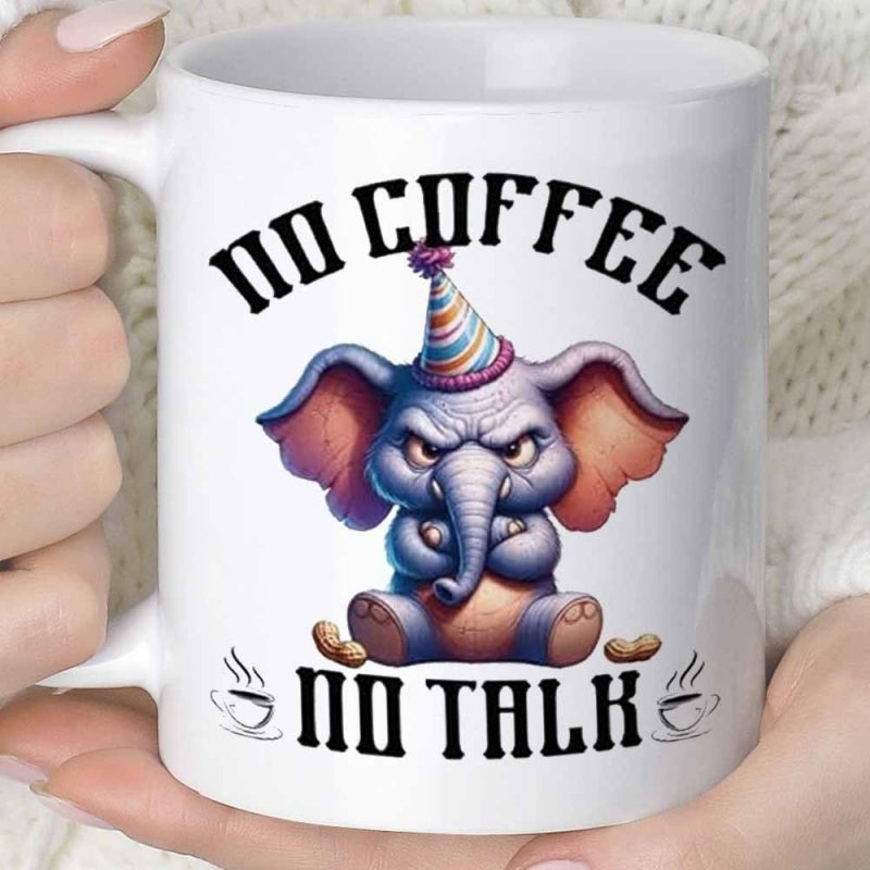 Tailorly White Ceramic 11 oz Mug - No Coffee No Talk Grumpy Baby Elephant Wearing Striped Party Hat Sitting Near Small Peanuts Elephant