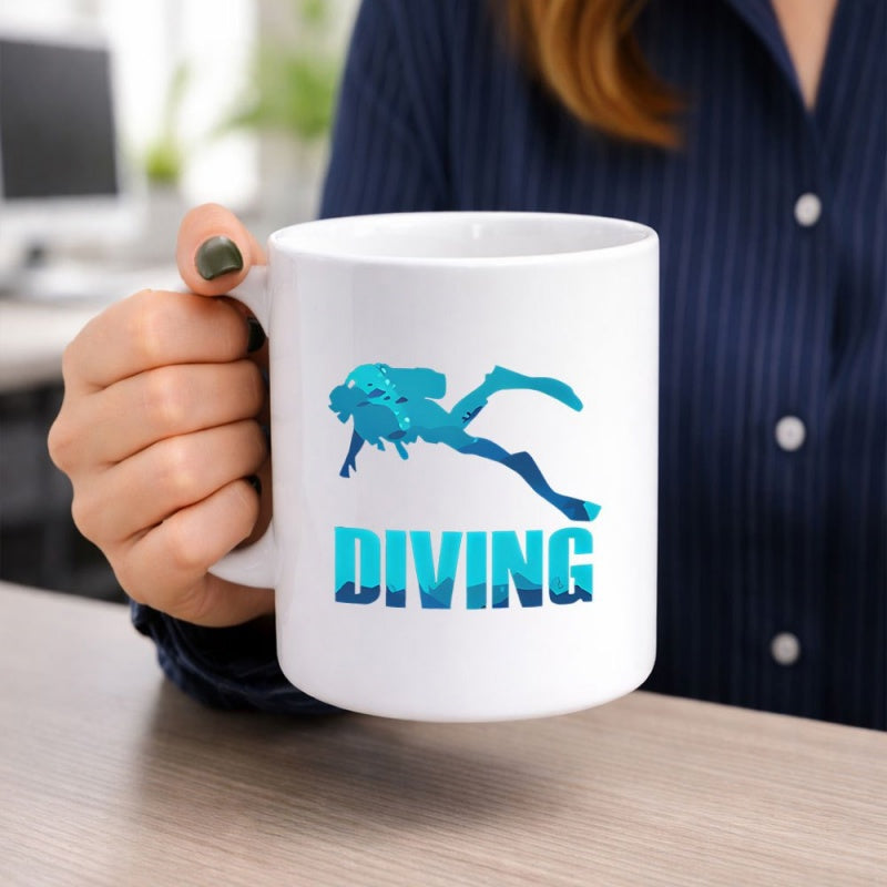 Tailorly White Ceramic 11 oz Mug - Diving Deep Blue Silhouette Swimming Gracefully Under The Calm Ocean Surface Diver