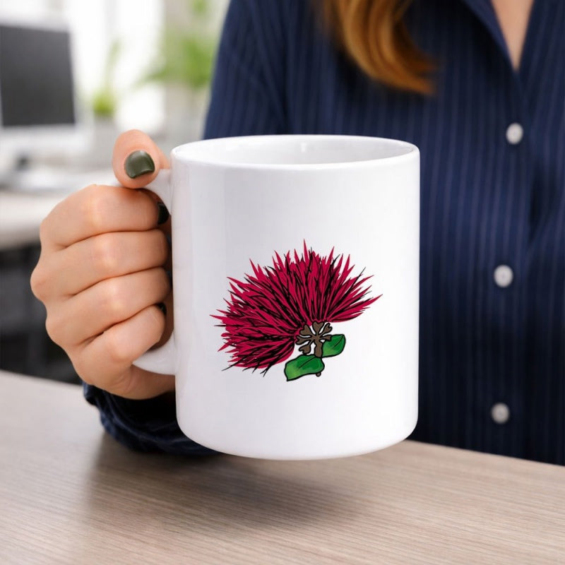 Tailorly White Ceramic 11 oz Mug - Vibrantly Blooming Crimson Petals With Delicate Green Leaves In Natural Sunlight Flower