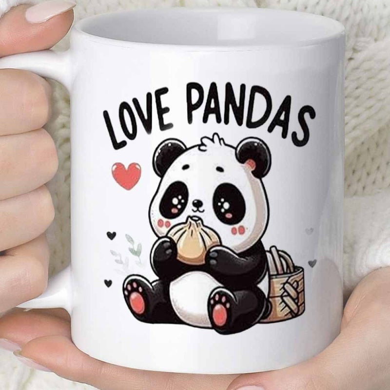 Tailorly White Ceramic 11 oz Mug - Love Pandas Adorable Sitting Cartoon Animal Eating A Delicious Steamed Dumpling Panda