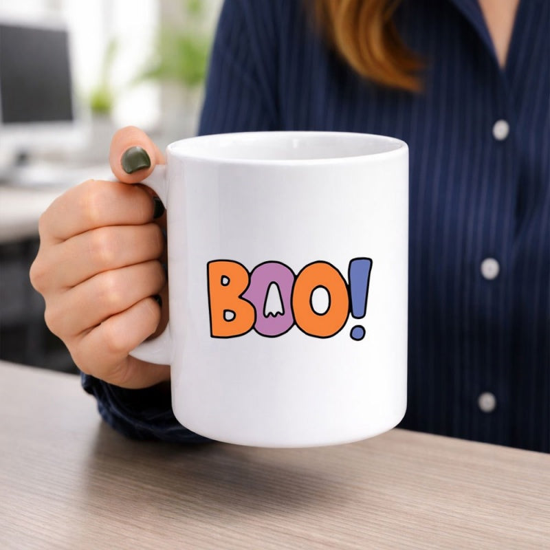 Tailorly White Ceramic 11 oz Mug - Boo Retro Halloween Style Colorful Bubble Lettering Featuring A Small Friendly Ghost
