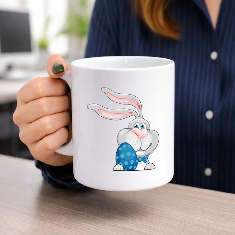 Tailorly White Ceramic 11 oz Mug - Cute Cartoon Easter Bunny Holding Blue Patterned Egg Rabbit