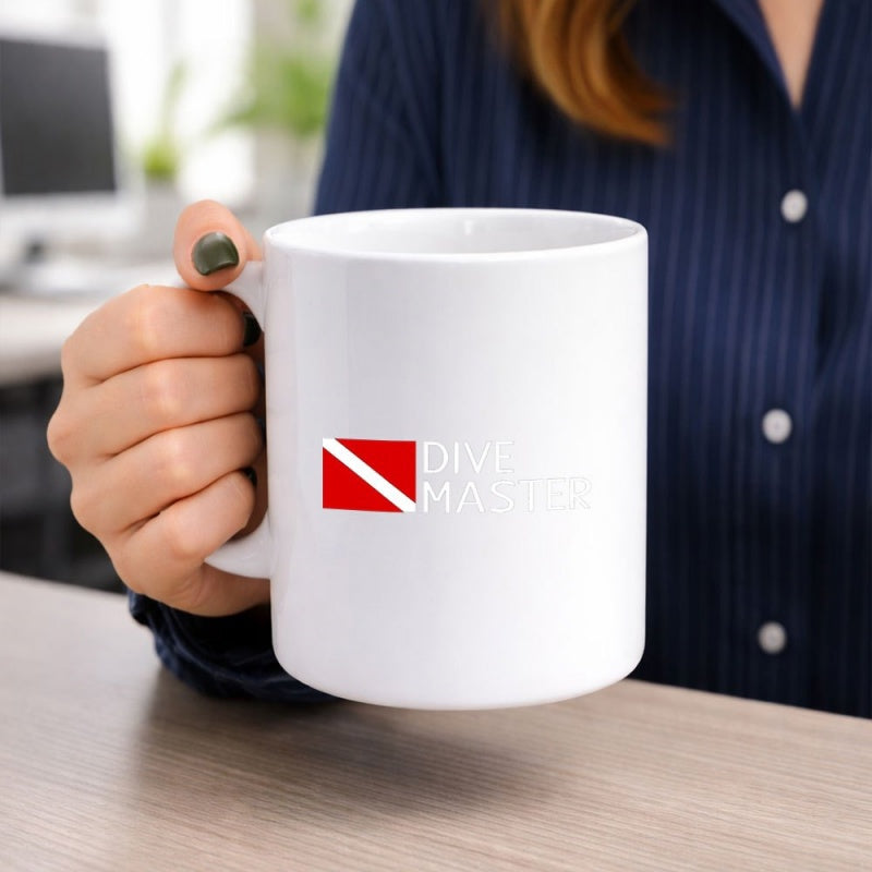 Tailorly White Ceramic 11 oz Mug - Dive Master Red Diver Down Flag On Simple White Ceramic Scuba Style Mug
