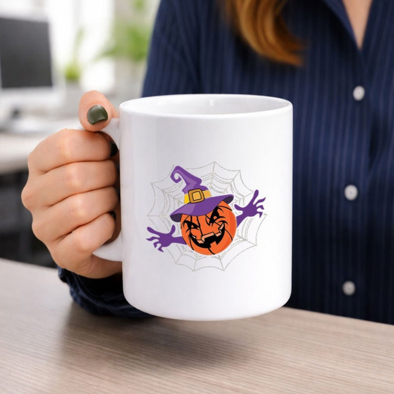 Tailorly White Ceramic 11 oz Mug - Spooky Wicked Halloween Jack O Lantern Wearing Witch Hat Inside Spider Web Pumpkin