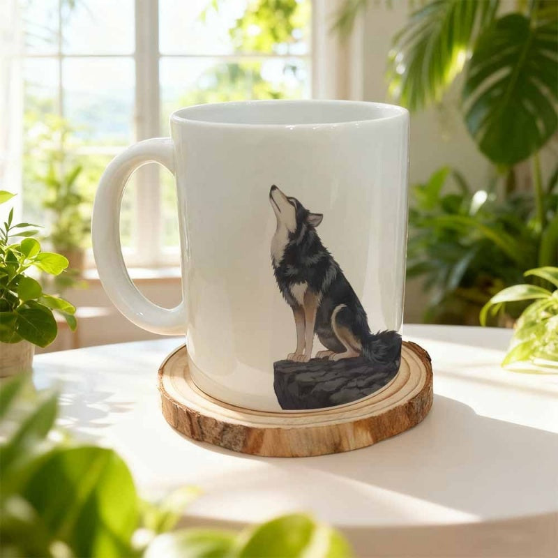 Tailorly White Ceramic 11 oz Mug - Majestic Wild Animal Howling Atop A Textured Dark Stone Cliff Wolf