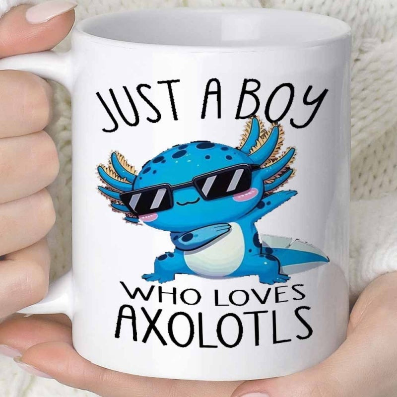 Tailorly White Ceramic 11 oz Mug - Just A Boy Who Loves Axolotls Cool Blue Cartoon Axolotl With Sunglasses Performing A Trendy Dabbing Motion Axolotl