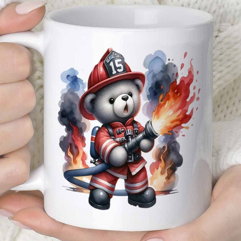 Tailorly White Ceramic 11 oz Mug - Adorably Brave Firefighter Character Holding Hose Against Smoky Background Bear