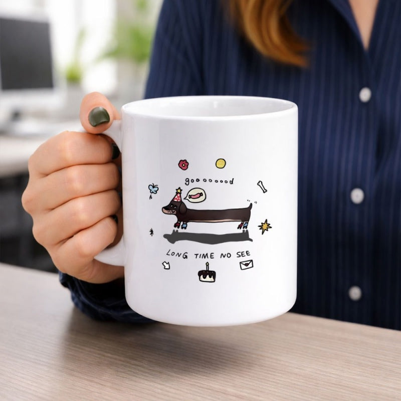 Tailorly White Ceramic 11 oz Mug - Long Time No See Festive Cartoon Sausage Dog Wearing Party Hat Dachshund