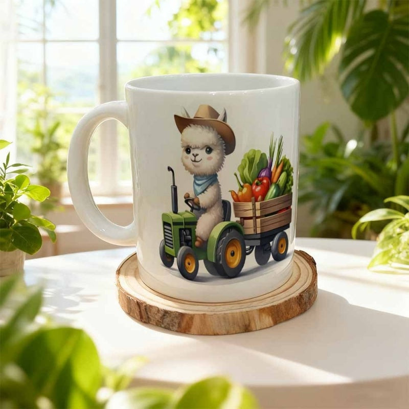 Tailorly White Ceramic 11 oz Mug - Cute Cartoon Cowboy Alpaca Driving Green Tractor Carrying Fresh Organic Vegetables Alpaca