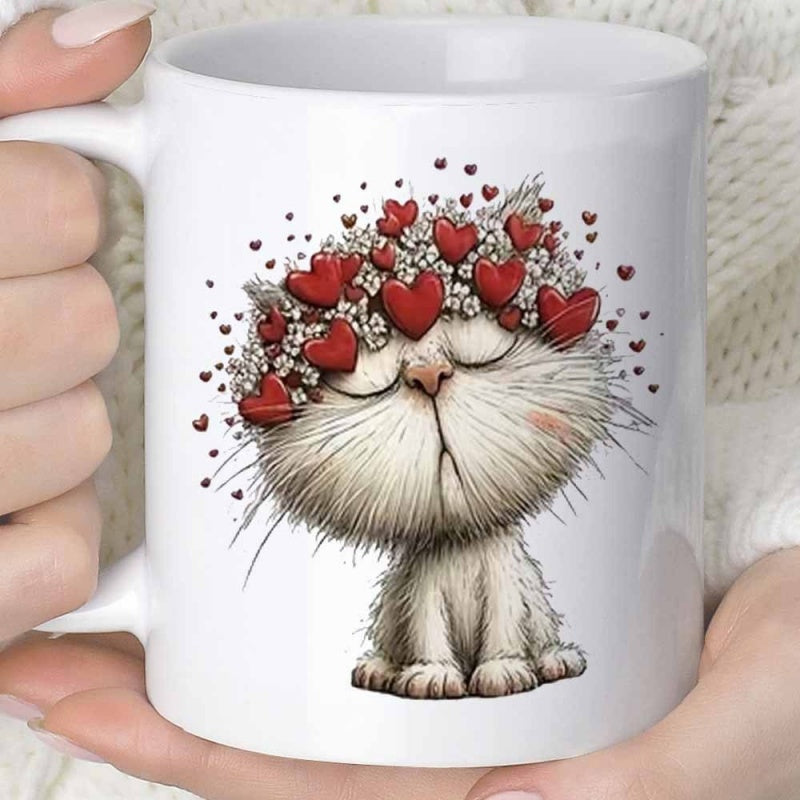 Tailorly White Ceramic 11 oz Mug - Adorable Fluffy Kitten Wearing A Decorative Crown Made Of Hearts Cat