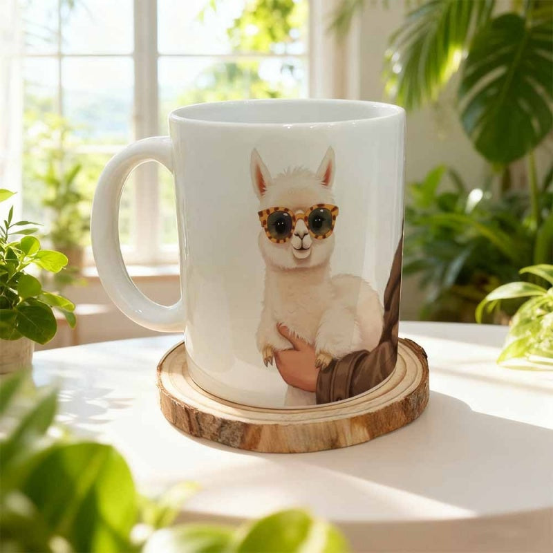 Tailorly White Ceramic 11 oz Mug - Whimsical Fluffy White Animal Wearing Decorative Floral Sunglasses Being Gently Hugged Alpaca