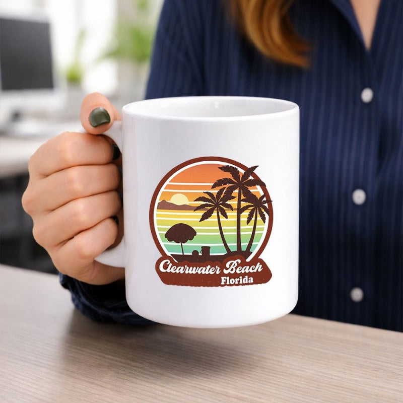Tailorly White Ceramic 11 oz Mug - Clearwater Beach Florida Tropical Retro Sunset With Silhouetted Palm Trees Scenic Horizon Palm Tree