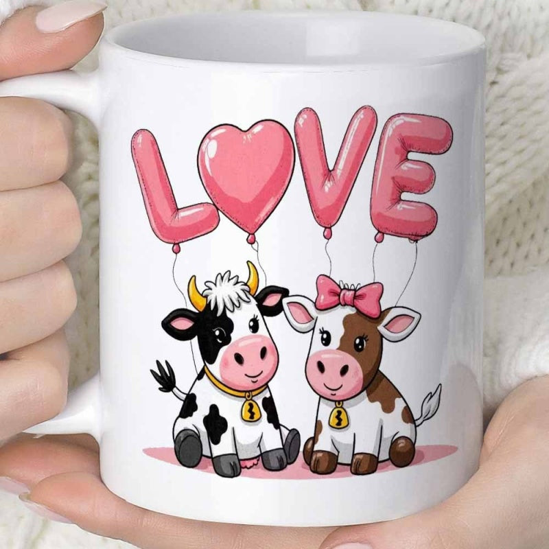 Tailorly White Ceramic 11 oz Mug - Love Cute Baby Calves Sitting Together Under Pink Heart Shaped Balloon Letters Cow